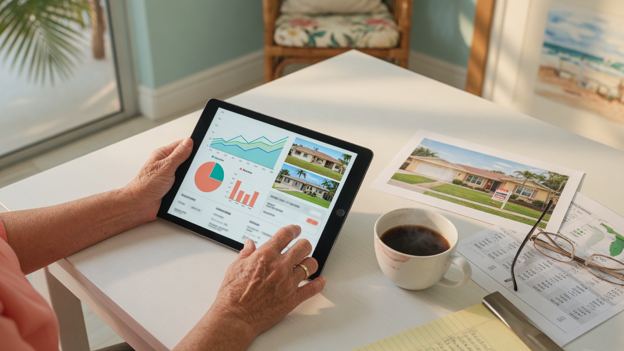 Palm Beach County homeowner reviewing their downsizing plan and budget on a tablet.