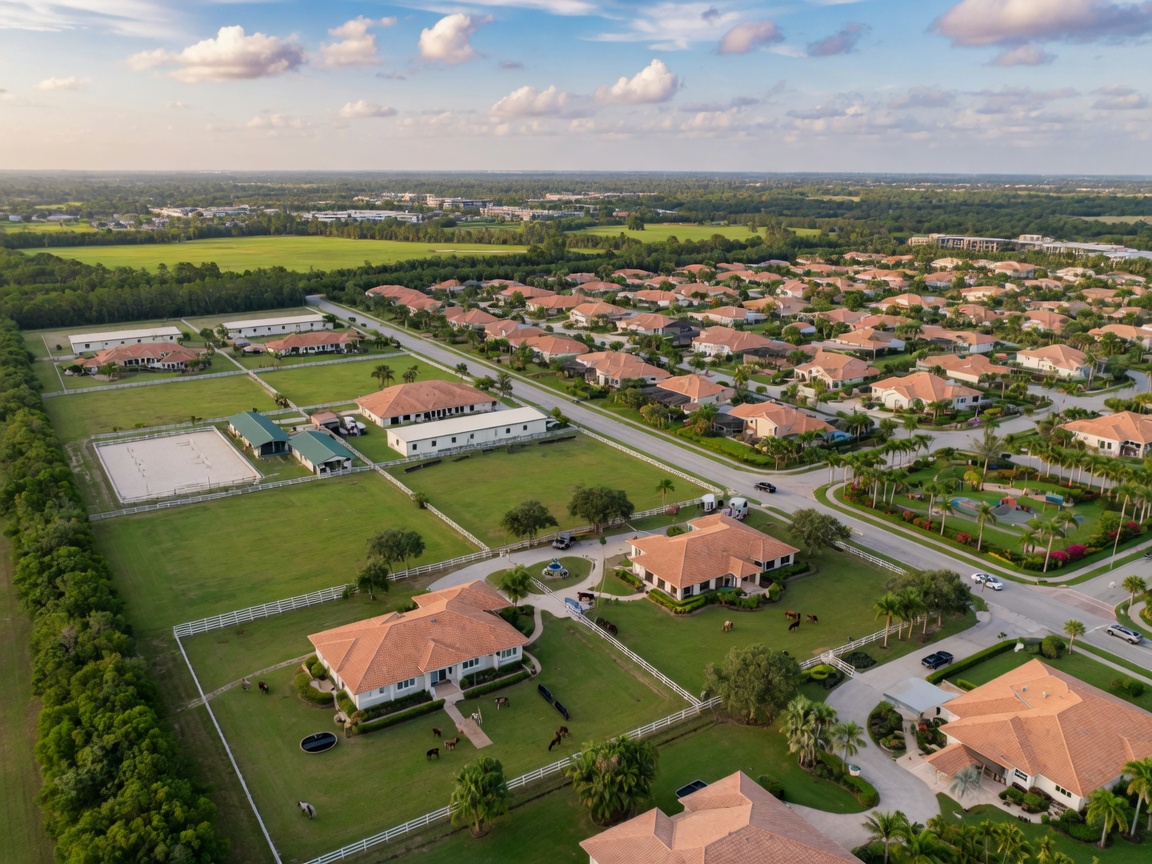 Aerial view of Wellington Florida showing equestrian estates and suburban communities