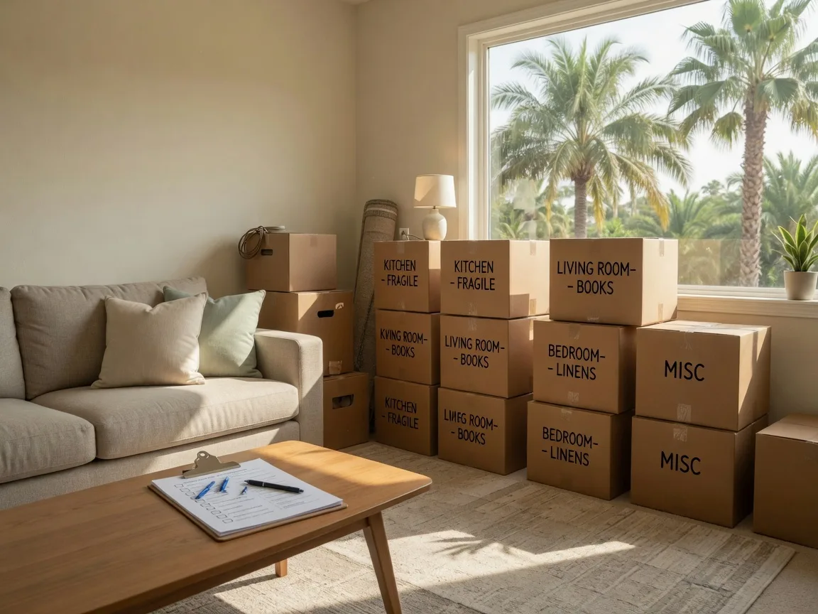 Neatly organized living room with labeled moving boxes and a checklist on the coffee table.