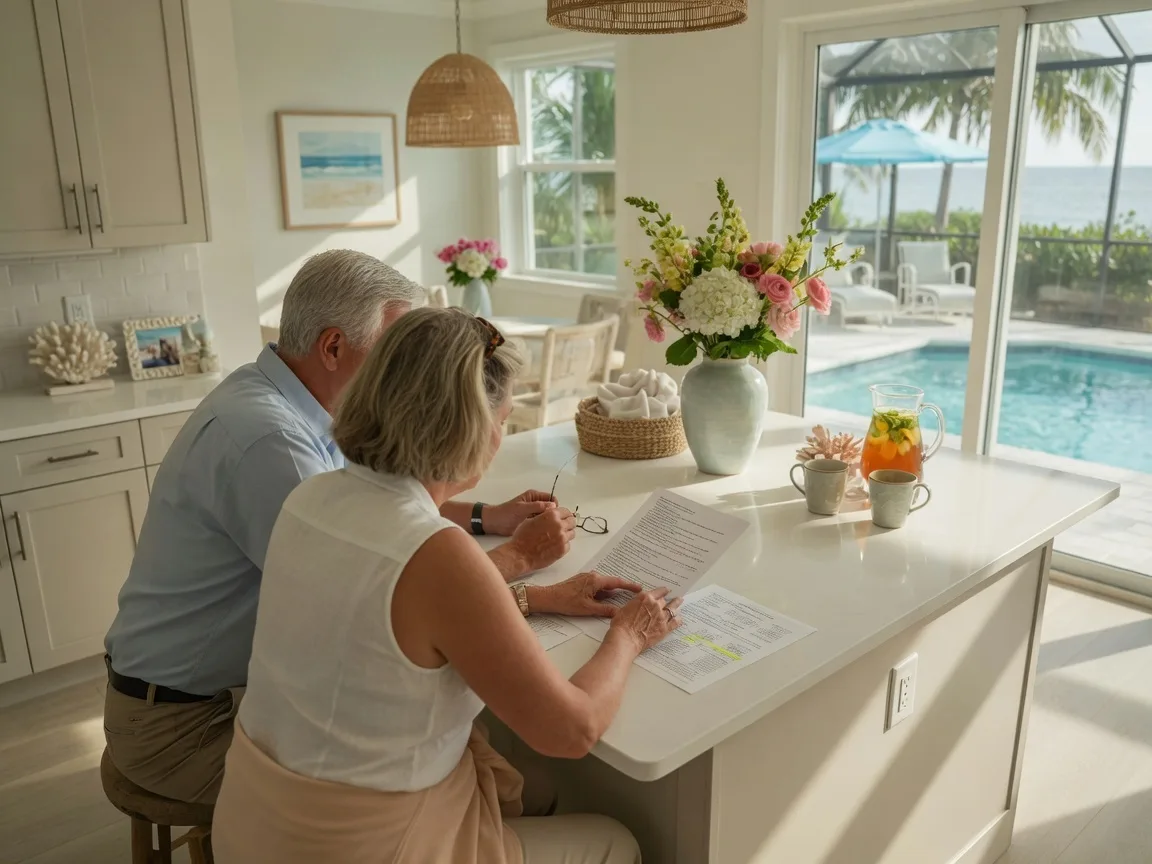 A couple reviewing community association documents at a kitchen island in a modern Florida villa.