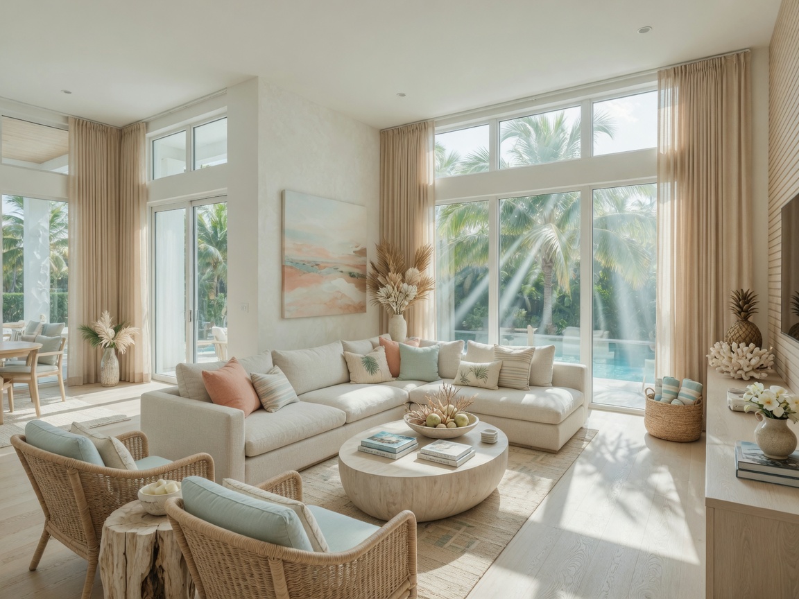 Elegant single-story villa interior with light coastal finishes