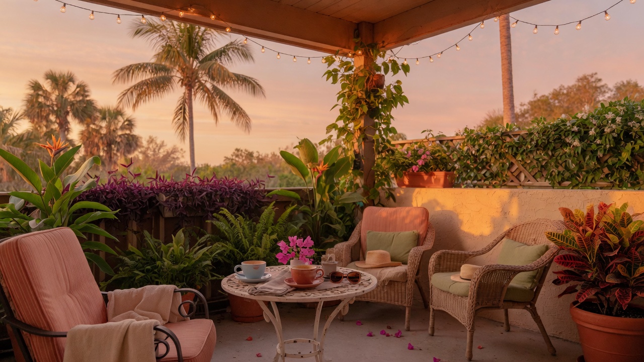 A serene Florida outdoor scene with tropical landscaping and warm golden light