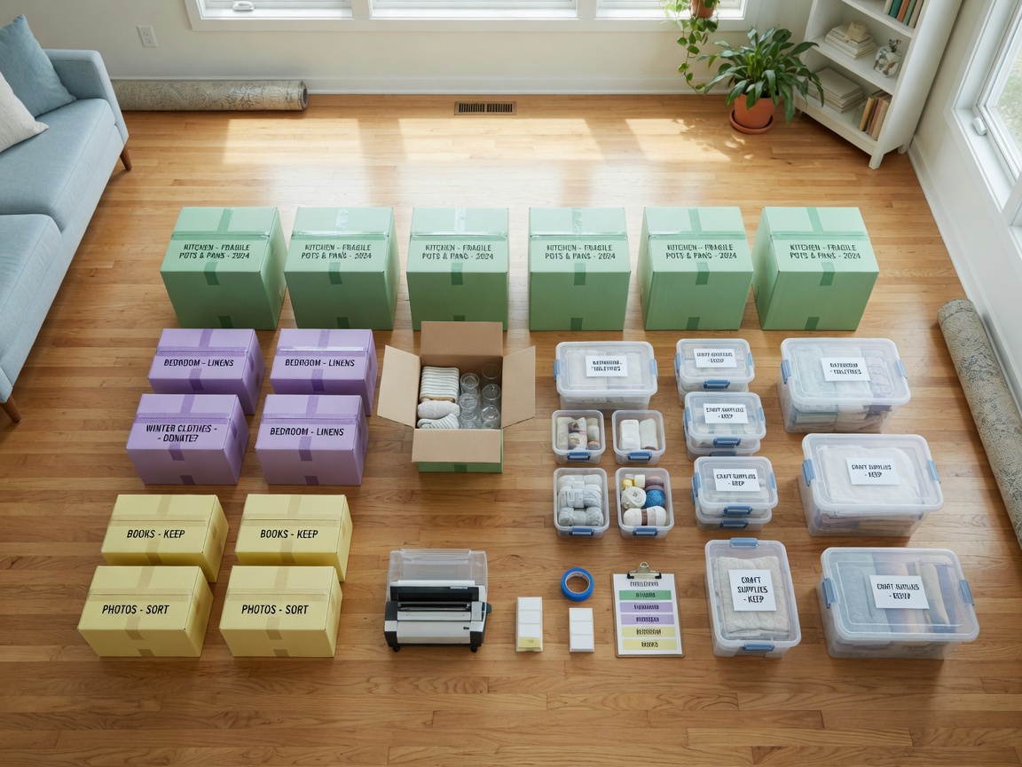 Organized moving boxes and labeled containers arranged in a bright living room