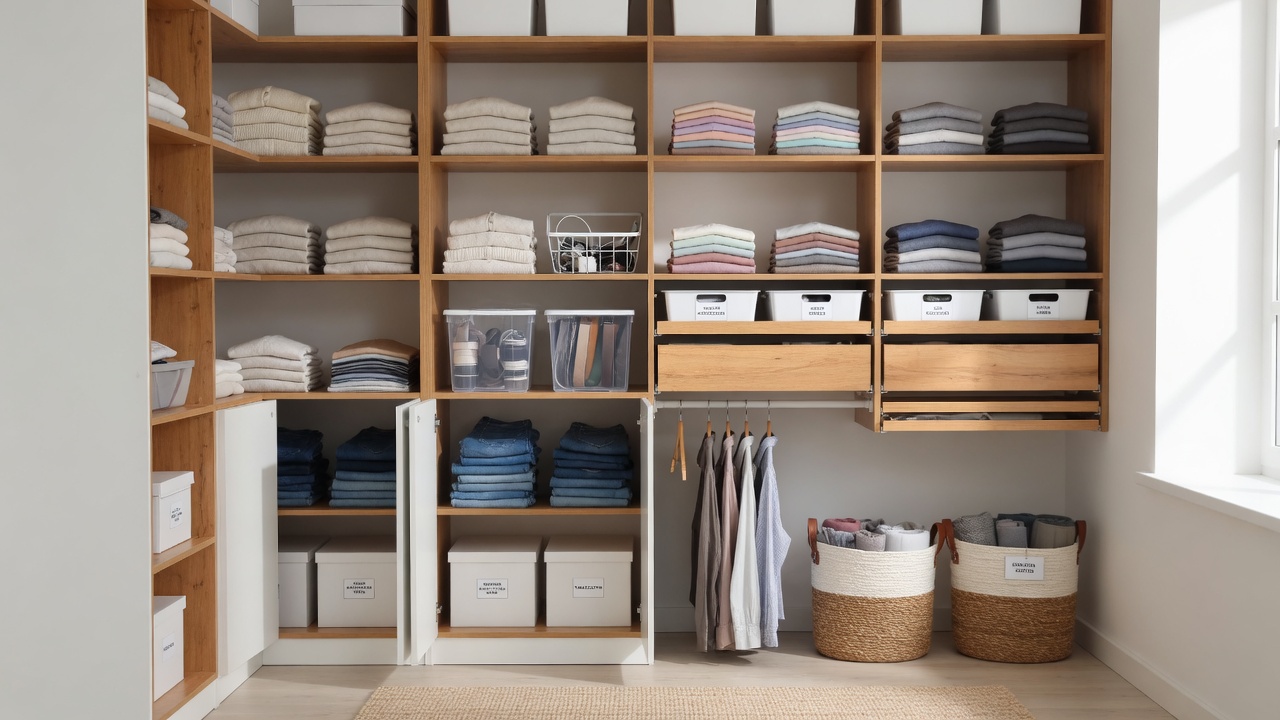 An organized closet with neatly arranged items and labeled storage bins
