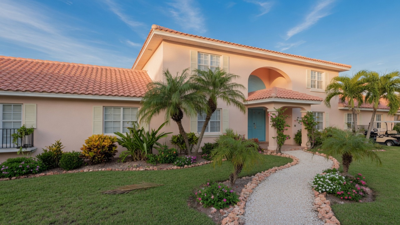 Inviting Florida villa exterior with palm trees and blue sky