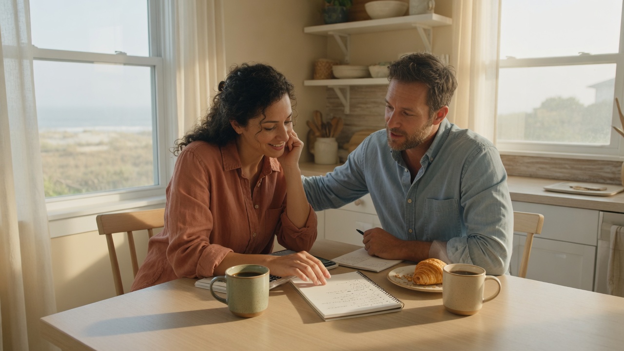Couple sitting together at a kitchen table planning their next move