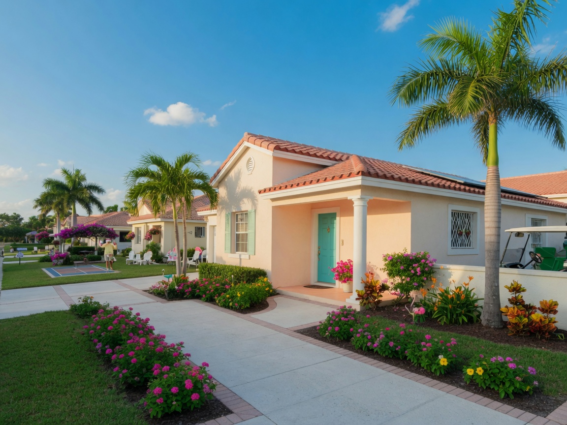 Welcoming single-story community home with flower beds and palm trees