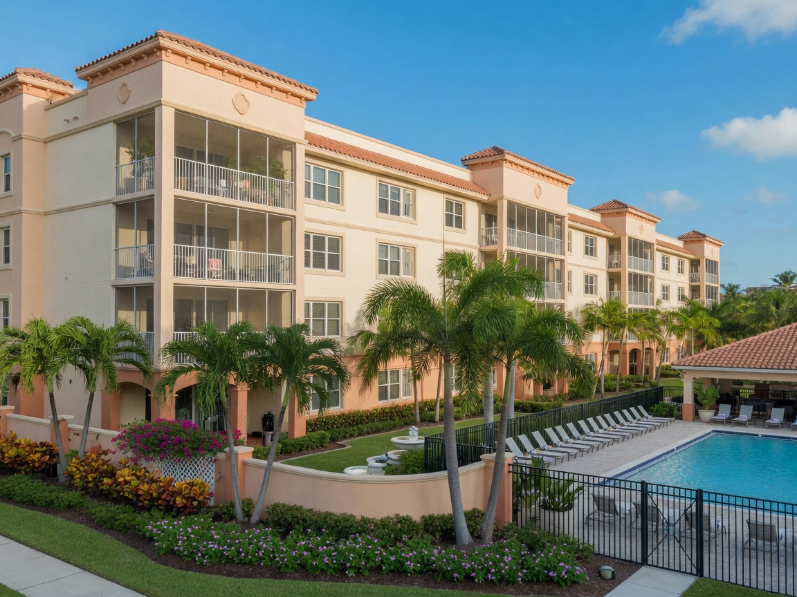 Modern Palm Beach County condominium building with tropical landscaping