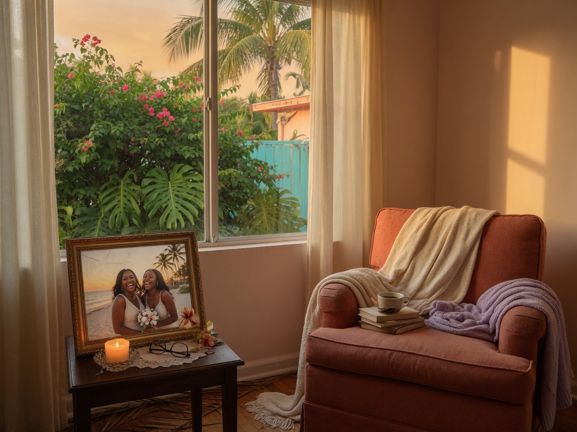 Cozy living room scene with family photos and warm afternoon light, representing the emotional side of leaving a longtime home