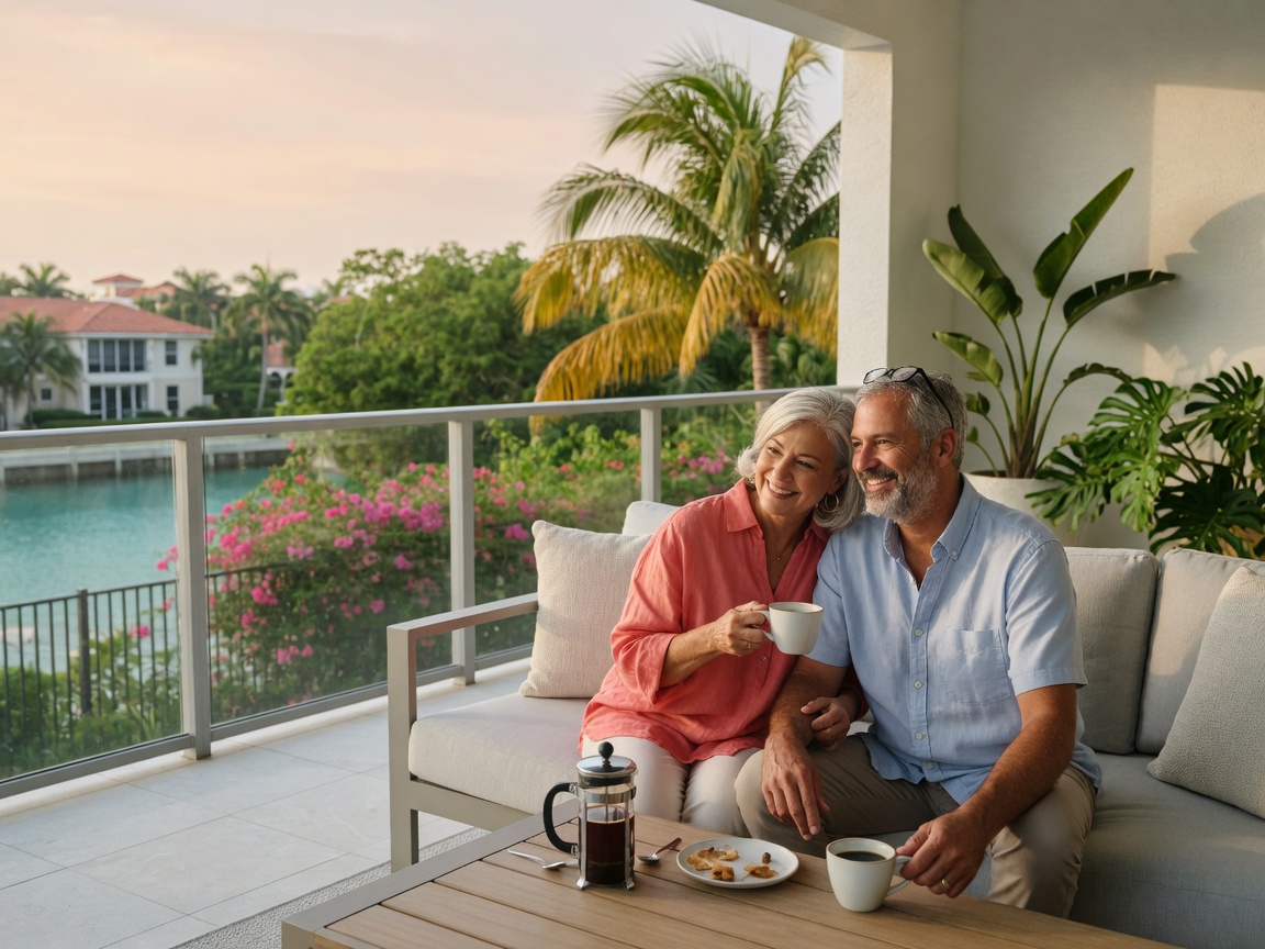 Couple enjoying coffee on a patio overlooking a tropical Florida landscape, embodying the Palm Beach County lifestyle
