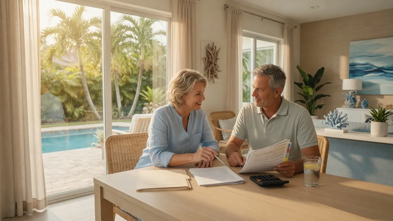 A couple reviewing real estate documents at a table with a calculator and contract visible in a bright Florida room