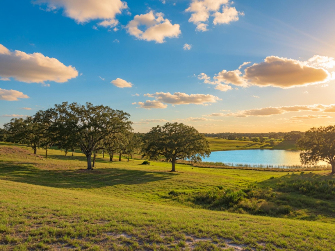 Sunlit Central Florida landscape with oak trees