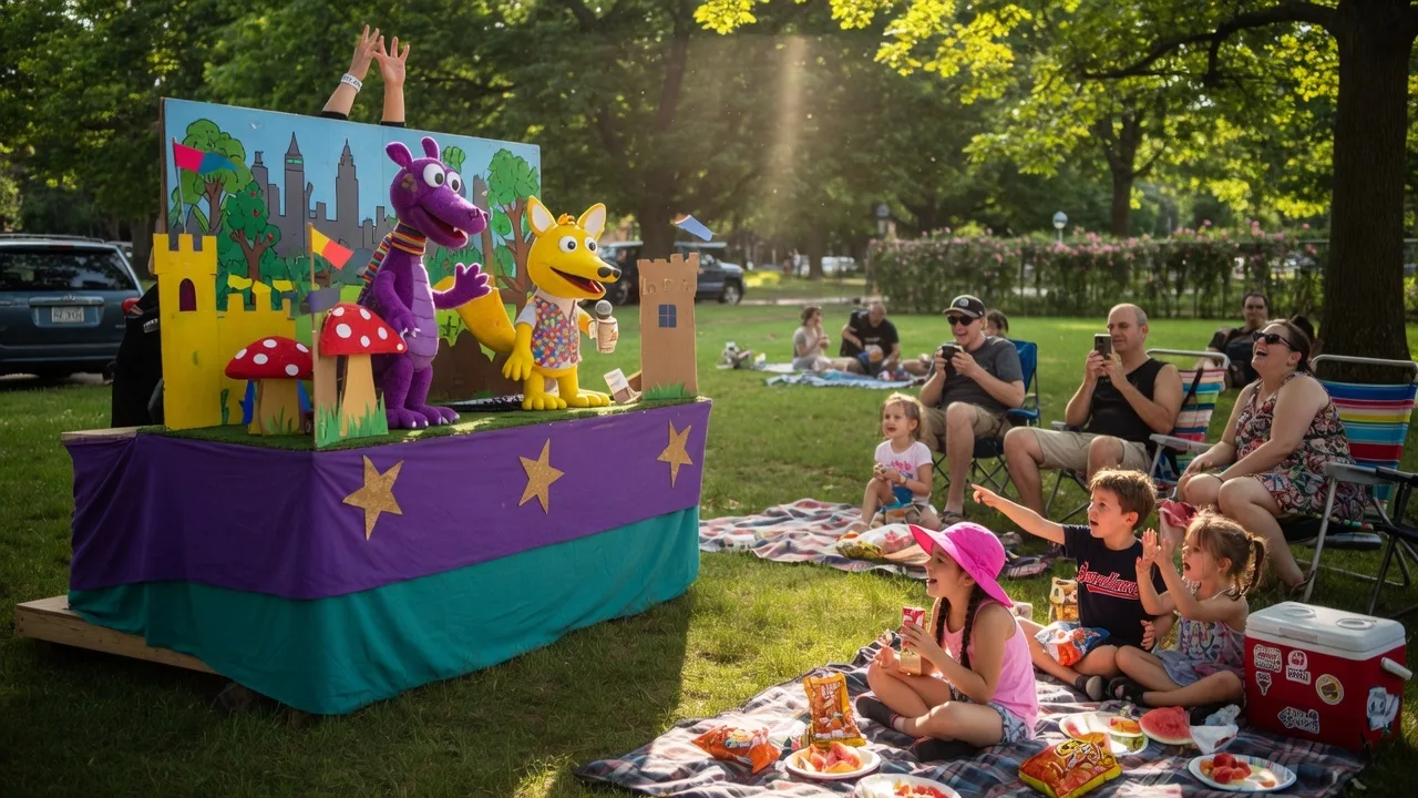 A small outdoor stage in a park with colorful set pieces and families watching a community theater performance