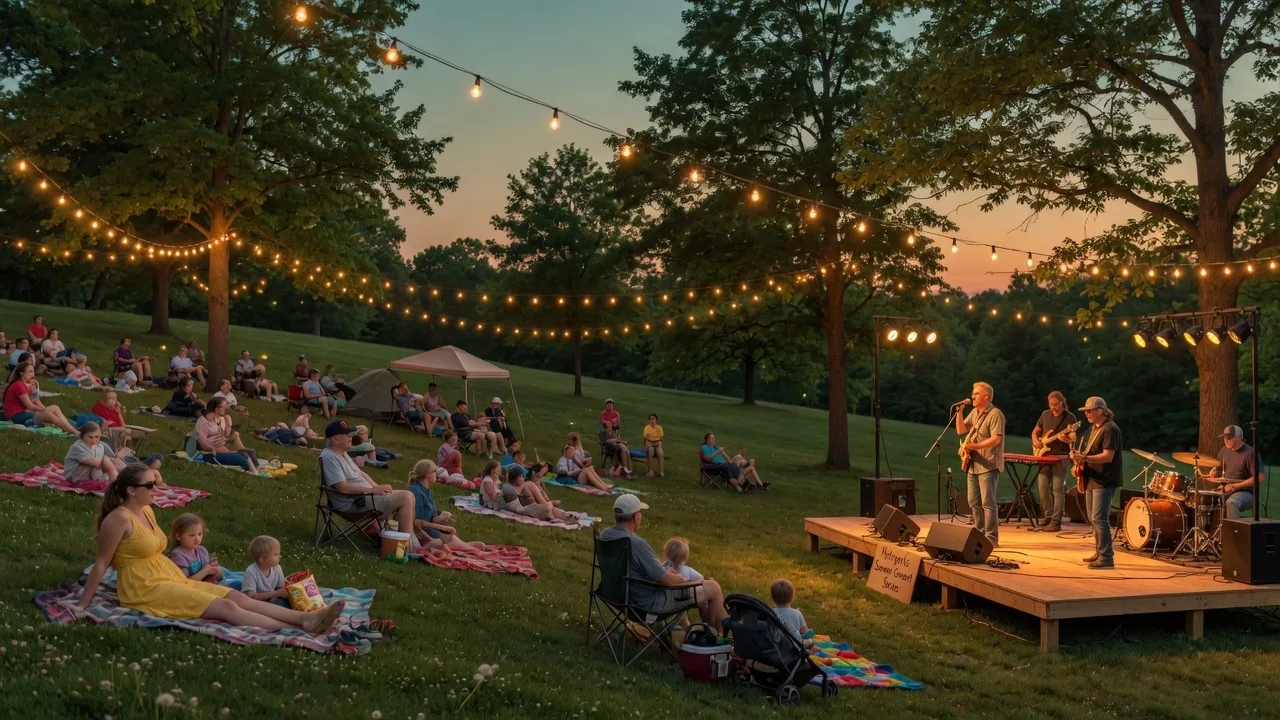 Families at a free outdoor summer concert on the lawn at golden hour