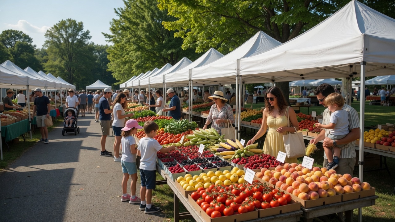 Outdoor farmers market with fresh produce displays and families browsing