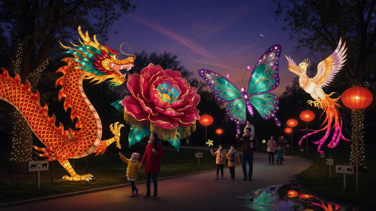 Colorful illuminated silk lanterns glowing along a pathway at night