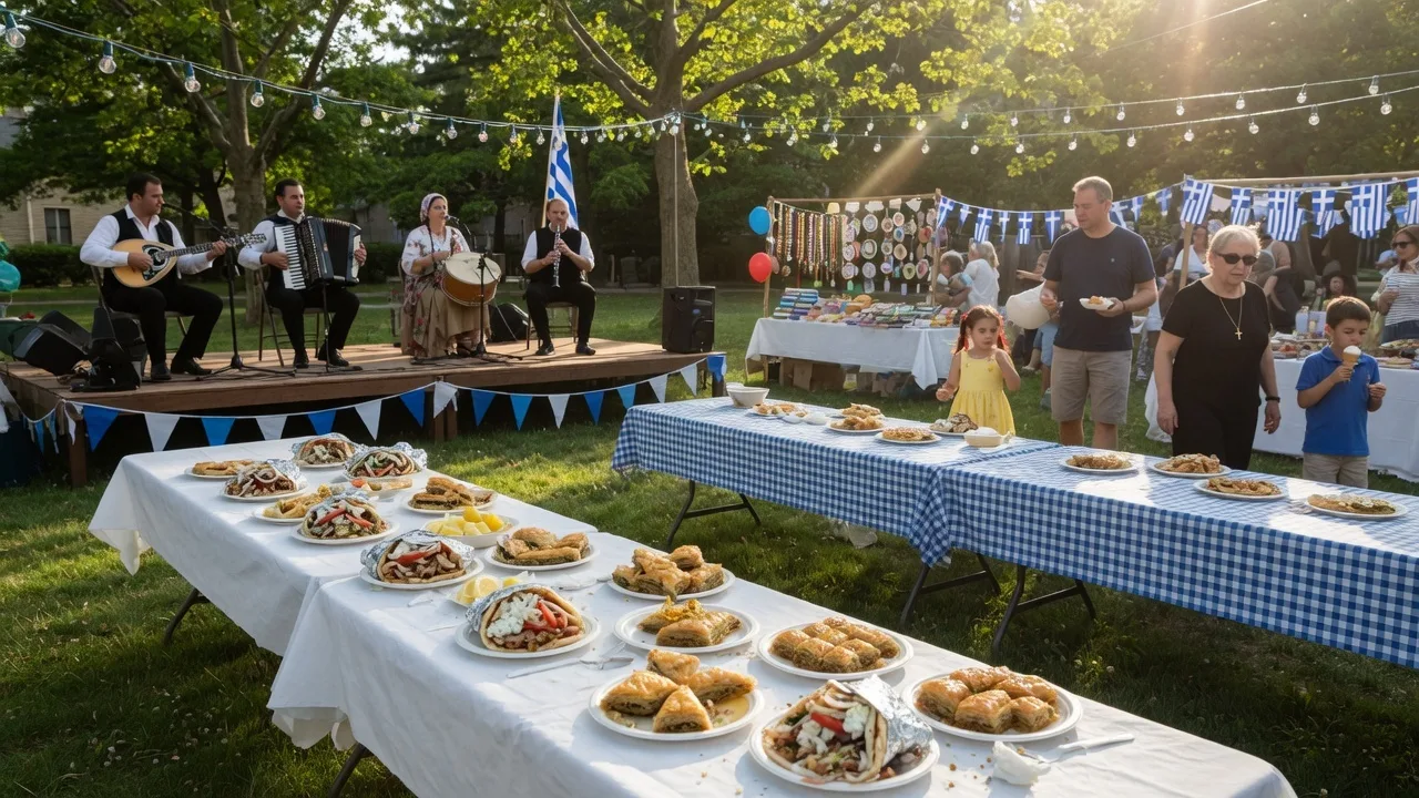 Outdoor Greek festival scene with communal tables, string lights, and families enjoying food and music