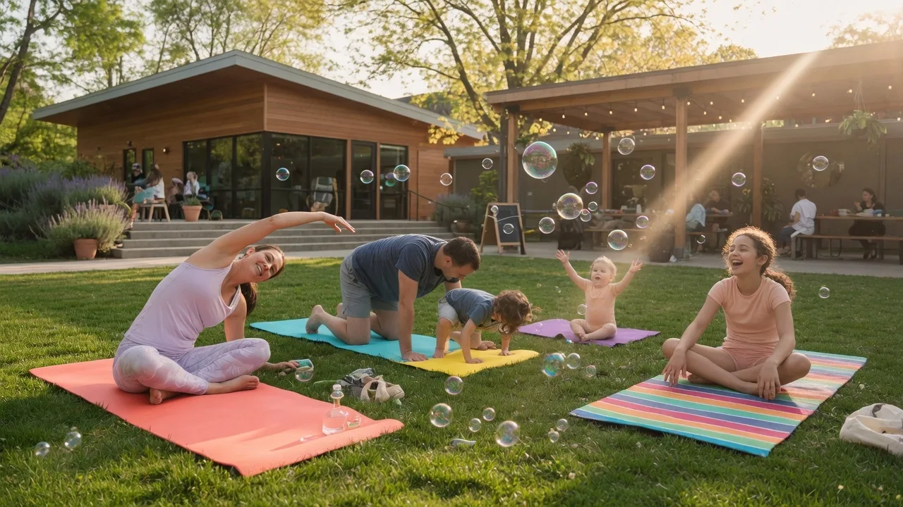 Families stretching on colorful yoga mats on a green lawn with bubbles