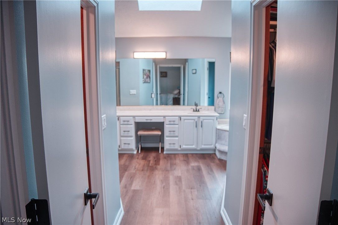 Master bathroom with white vanity cabinets and skylight