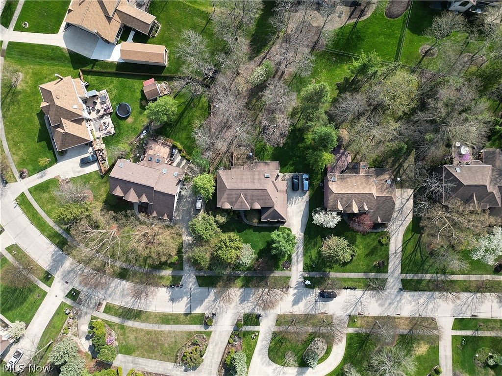 Overhead drone view of suburban cul-de-sac neighborhood setting