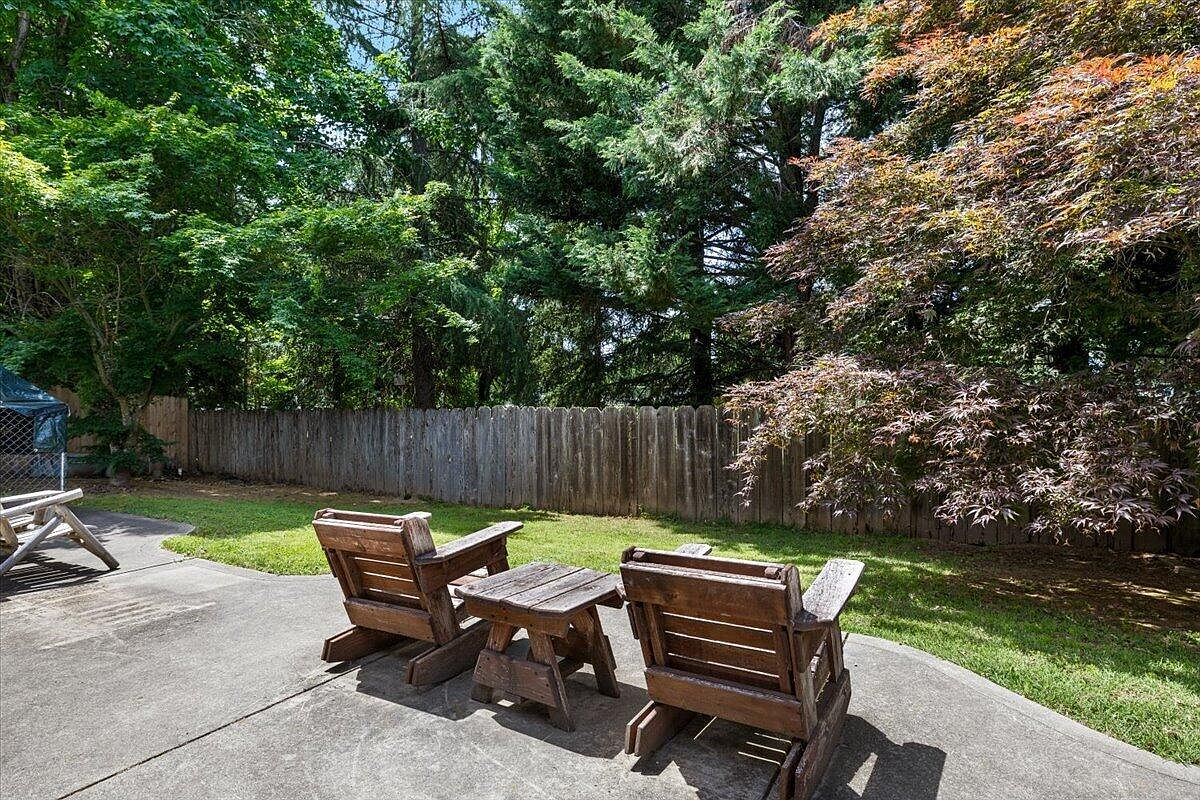 Backyard patio with seating and mature trees