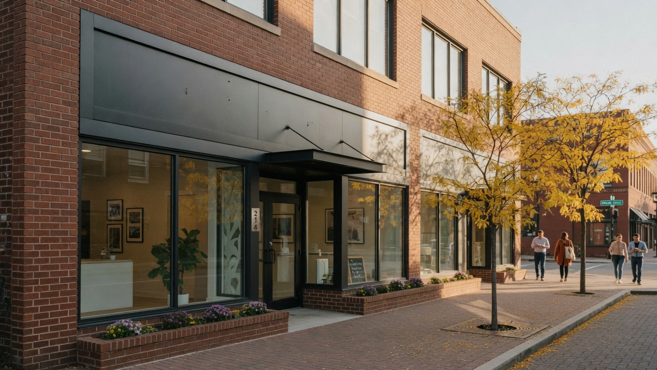A modern independent real estate office exterior in a downtown setting with warm afternoon sunlight