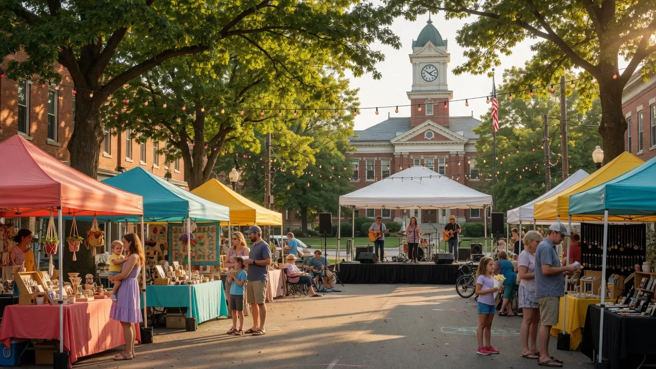 A vibrant summer festival on a tree-shaded Main Street in a small Ohio town with vendor tents, string lights, and families browsing artisan booths
