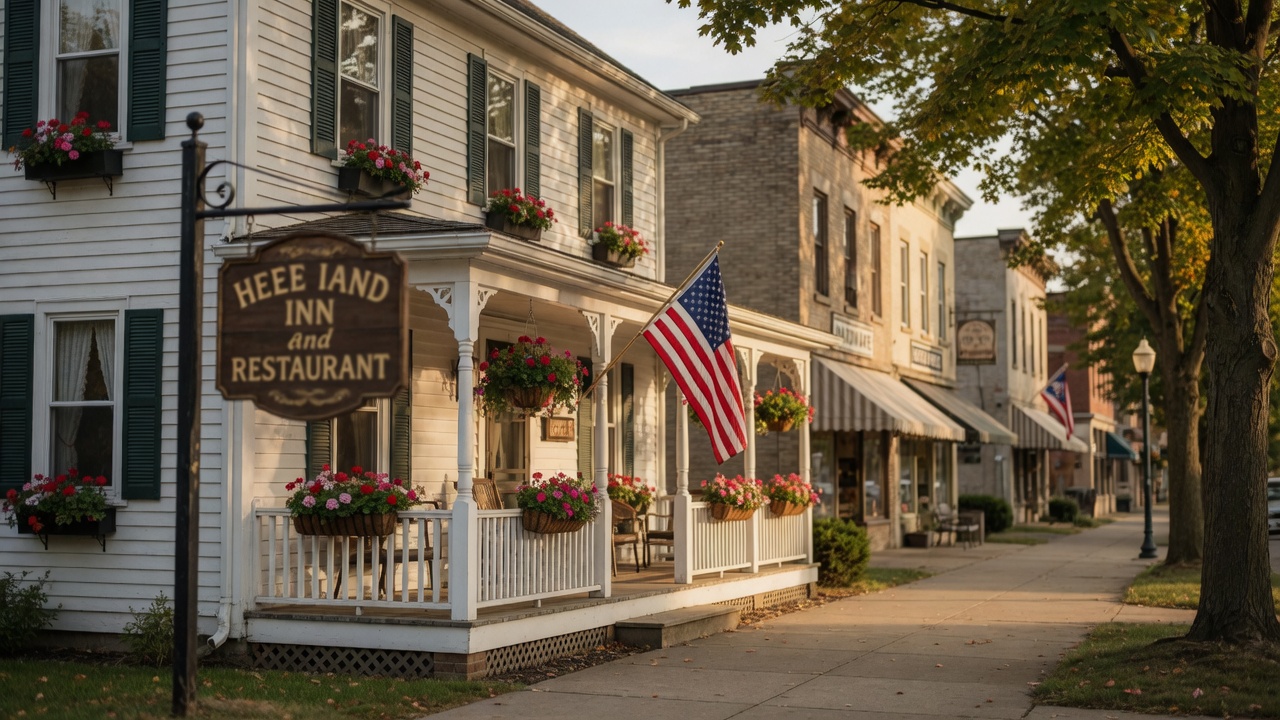 A charming historic inn and restaurant in a small Ohio village with a white clapboard exterior, wraparound porch, and flower boxes along a tree-lined Main Street