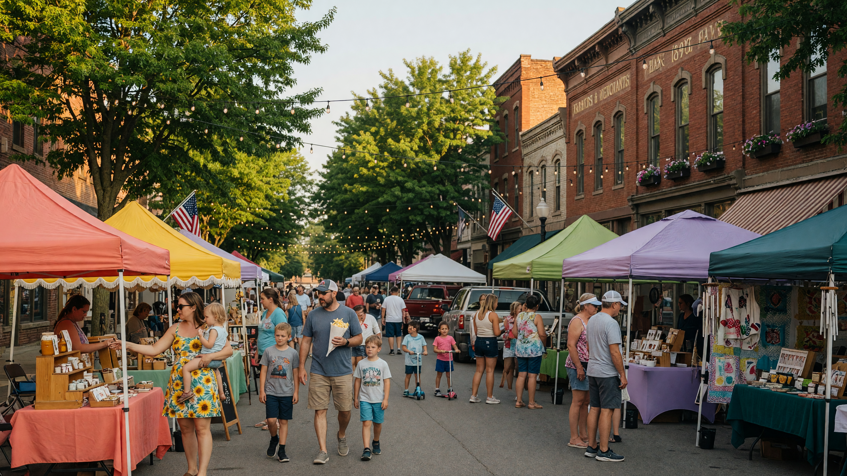 A colorful summer street festival in a small Ohio downtown with vendor tents, string lights, and families browsing artisan booths