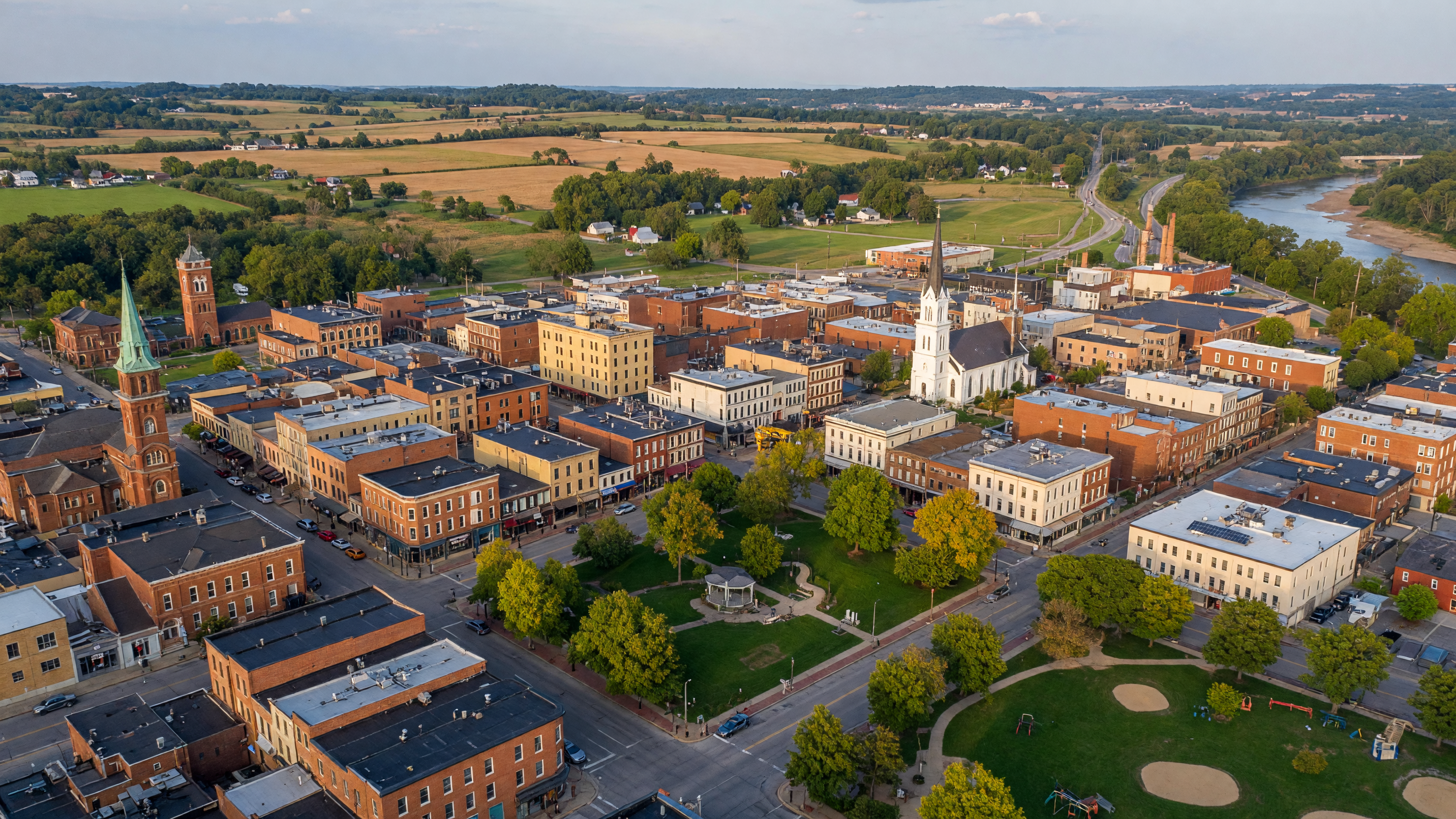 Aerial view of downtown Springfield Ohio with historic brick buildings and Clark County landscape