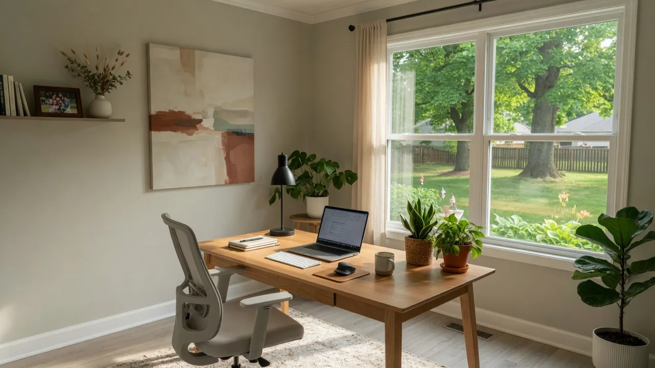 A bright modern home office in a Dayton Ohio suburban home with a wooden desk, laptop, and natural light streaming through a window