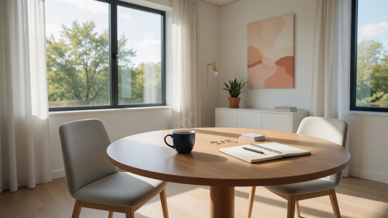 A bright modern office meeting room with a round table and natural light, suggesting a professional consultation