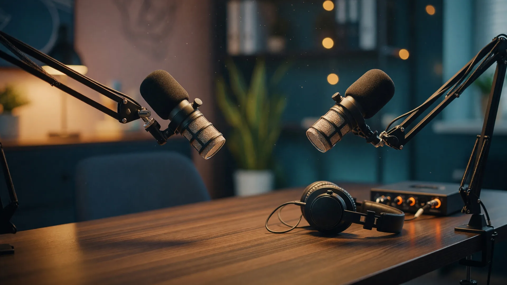 Professional podcast recording studio with microphones and warm lighting