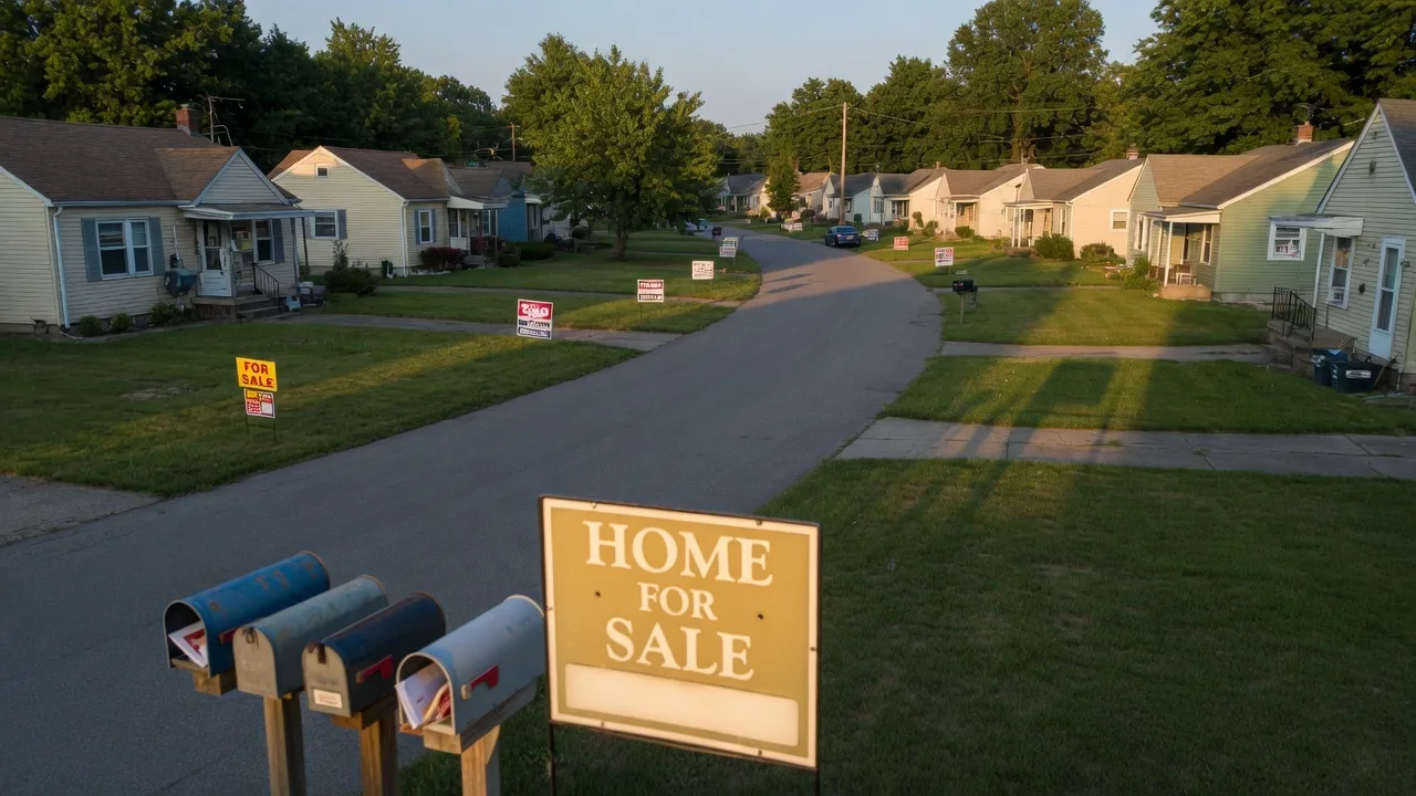 Aerial view of a quiet Dayton Ohio residential street with single-family homes and for-sale signs in front yards