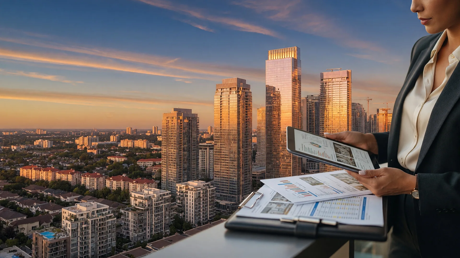 City skyline at golden hour with investment documents in the foreground, representing Ohio real estate investment opportunities