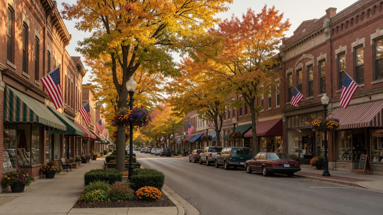 Charming downtown Springboro Ohio Uptown area with historic brick storefronts and tree-lined sidewalks