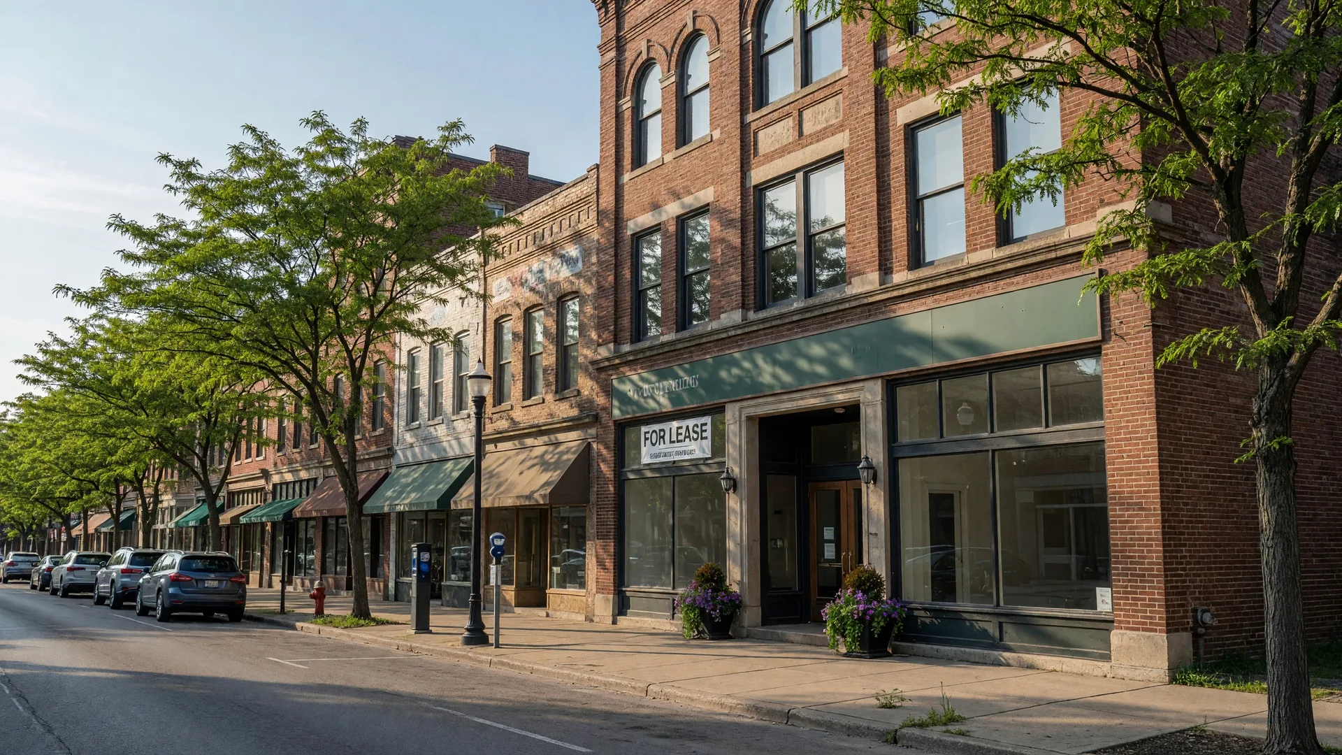 Downtown Dayton real estate office with historic brick facade and large glass windows on a bright summer afternoon
