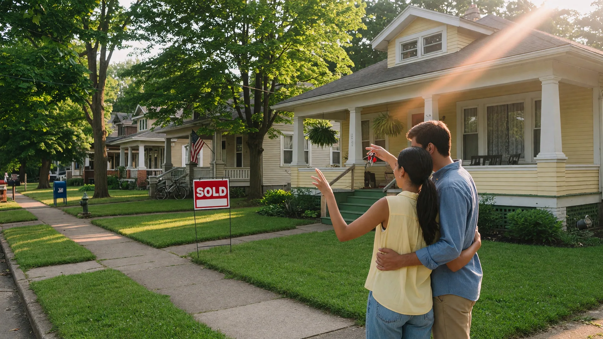 New home buyers outside a Dayton Ohio bungalow with house keys, sold sign in yard, summer morning light