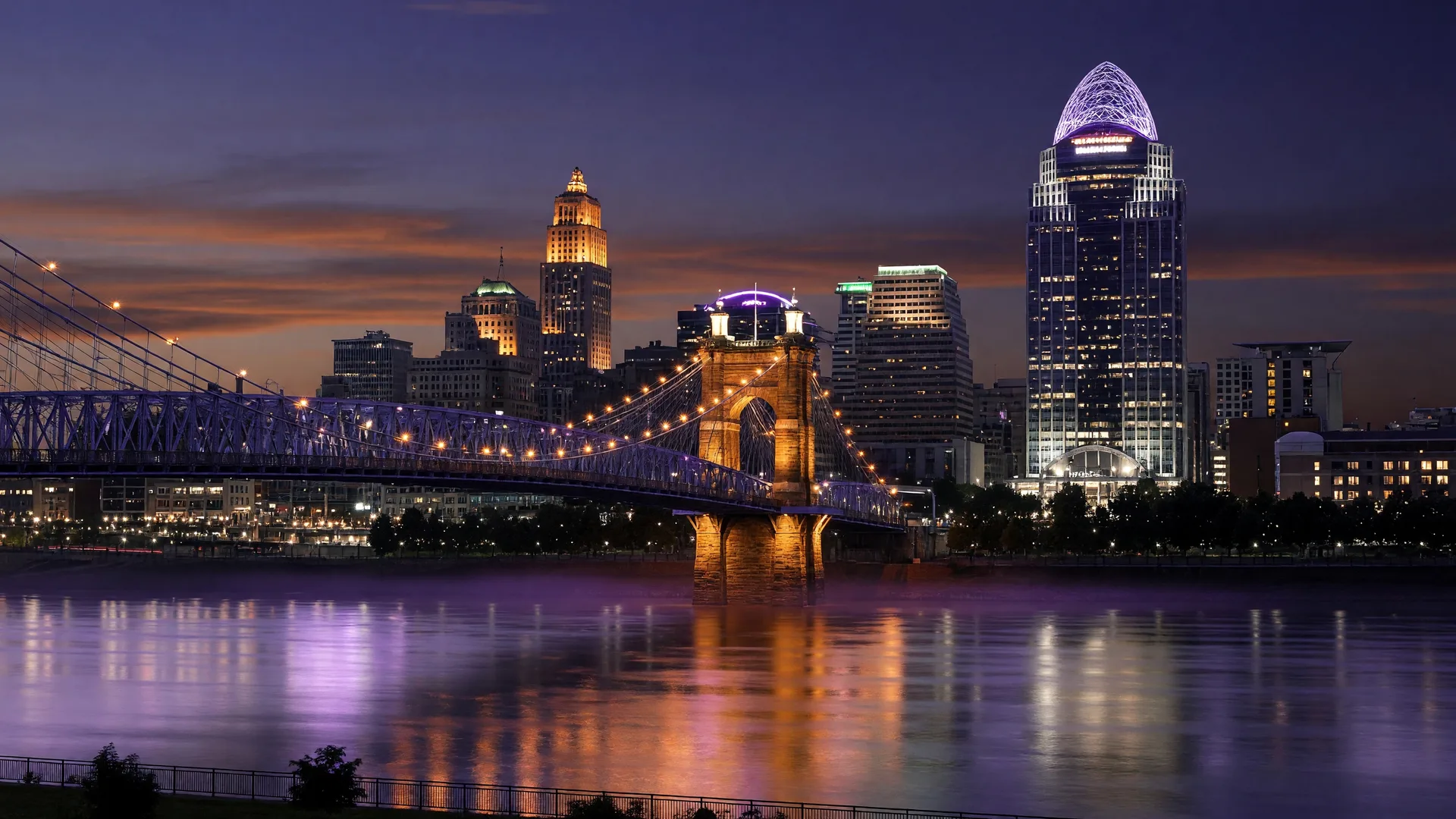Cincinnati Ohio skyline at twilight with the Roebling Suspension Bridge and Ohio River