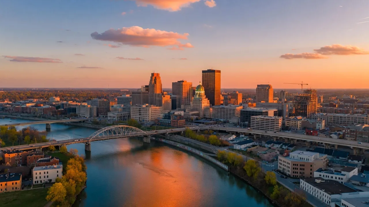 Aerial view of the Dayton Ohio skyline at golden hour with the Great Miami River and downtown buildings