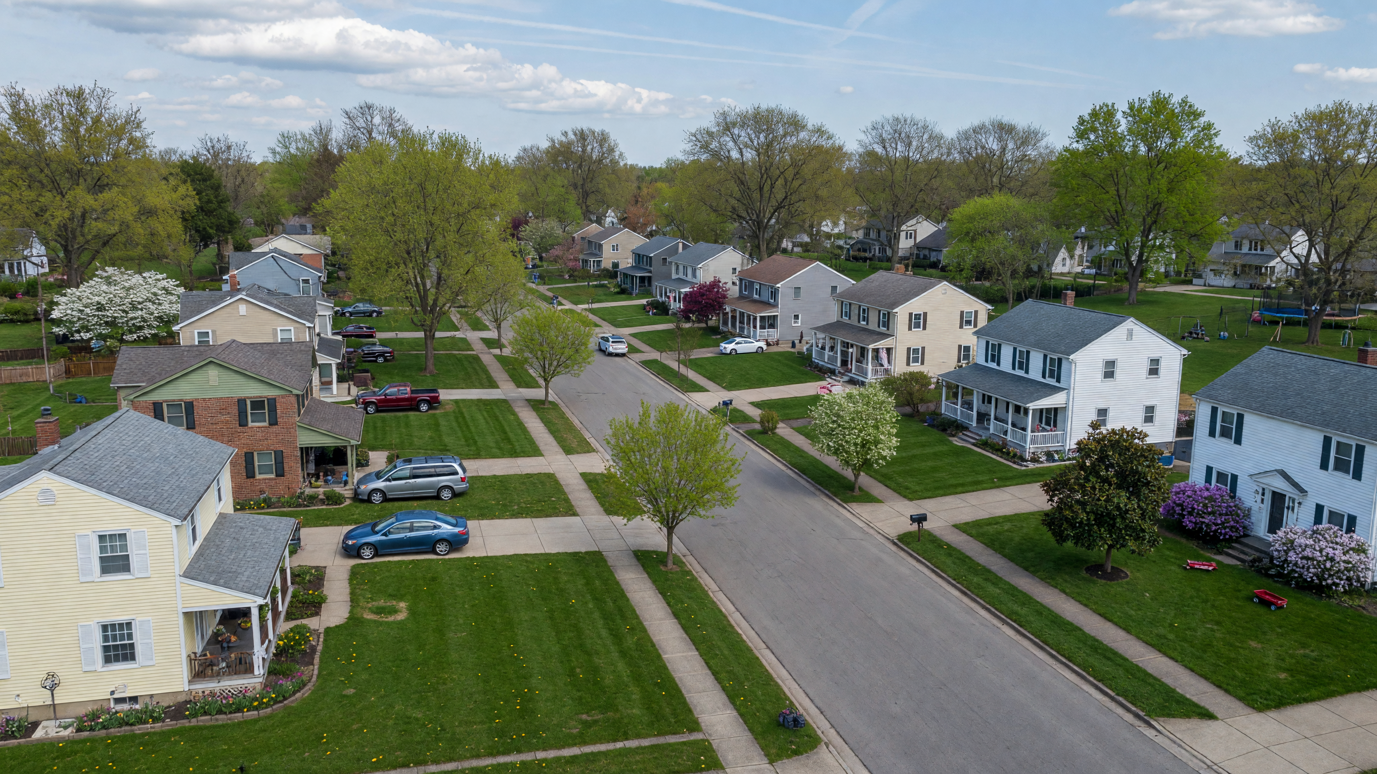 Aerial view of a residential neighborhood in the Dayton Ohio metro area