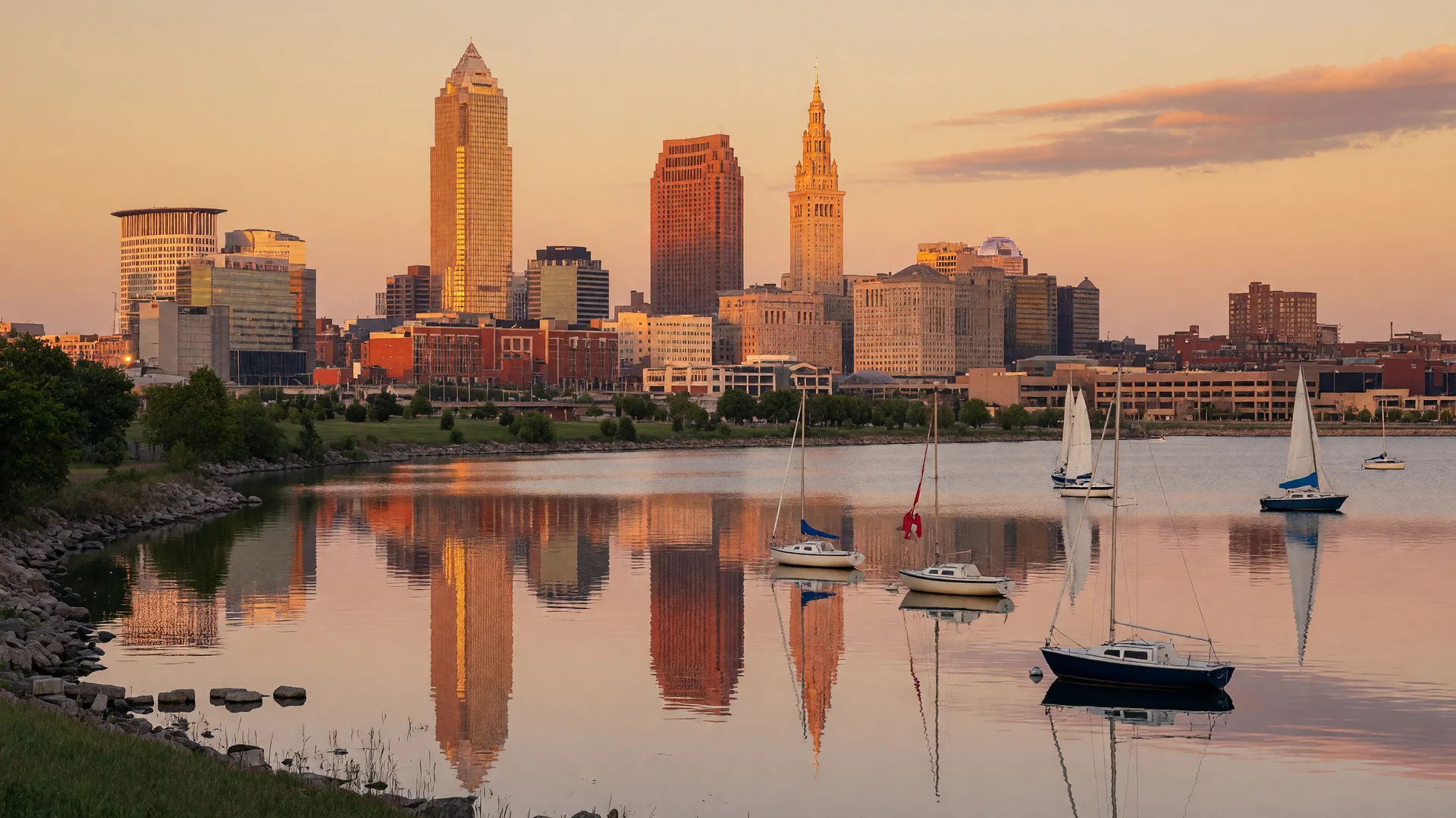 Cleveland Ohio skyline from Lake Erie at golden hour