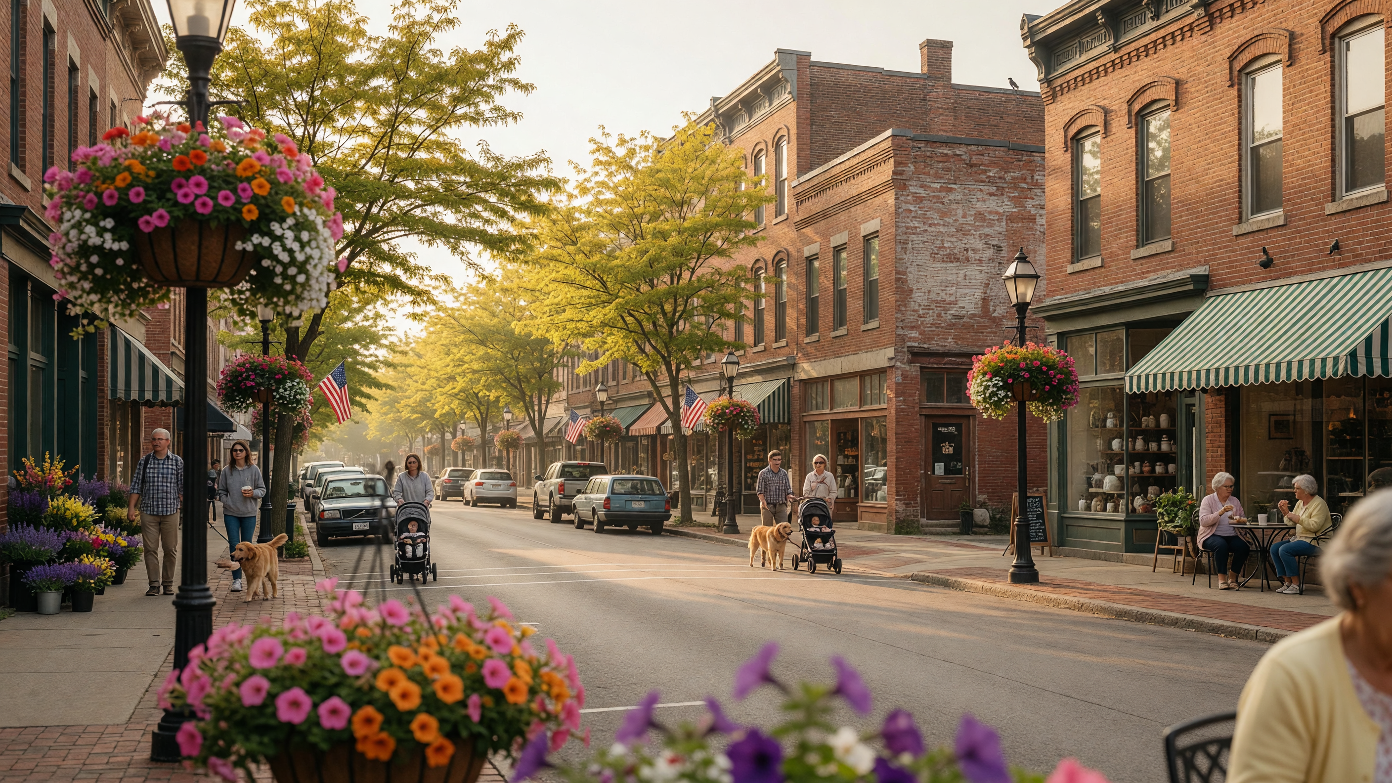 A charming tree-lined Main Street in an Ohio small town with historic brick storefronts, flower baskets, and outdoor dining on a sunny weekend morning