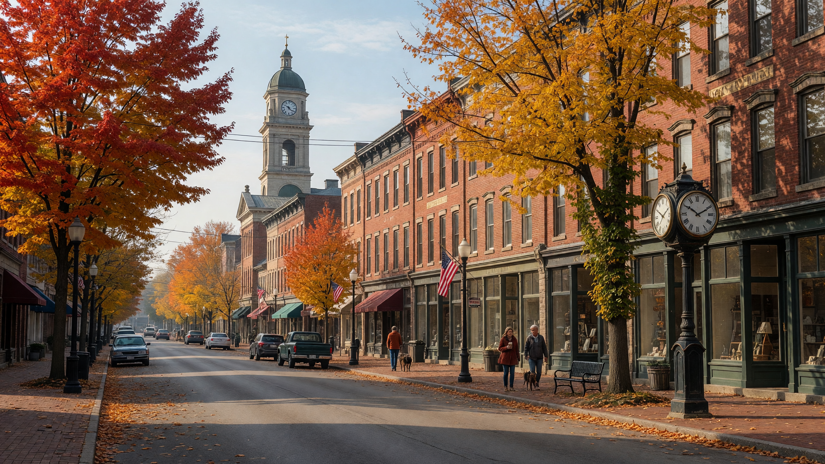Charming Waynesville Ohio village main street with antique shops and historic storefronts