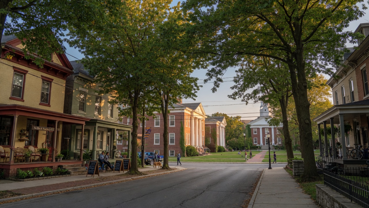 Historic downtown Wilmington Ohio with Wilmington College area and tree-lined streets