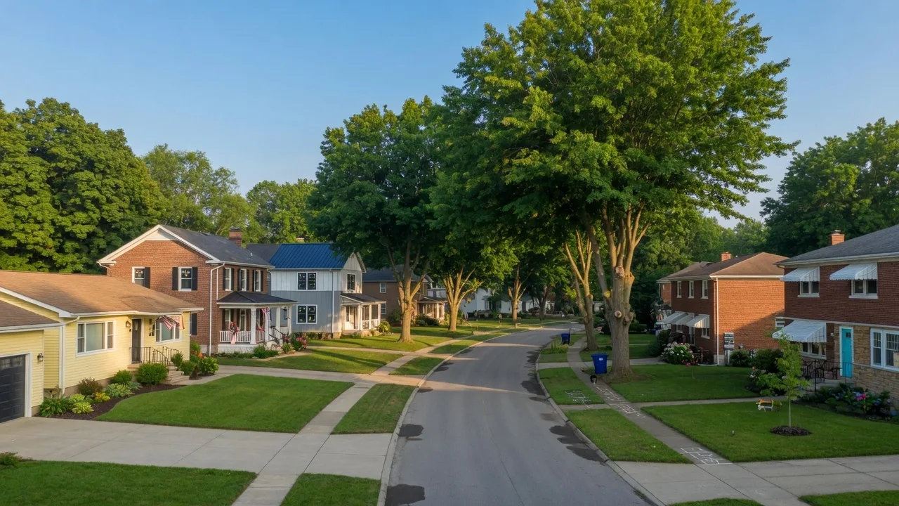 A tree-lined residential street in a Dayton Ohio investor-friendly neighborhood with well-maintained single-family homes