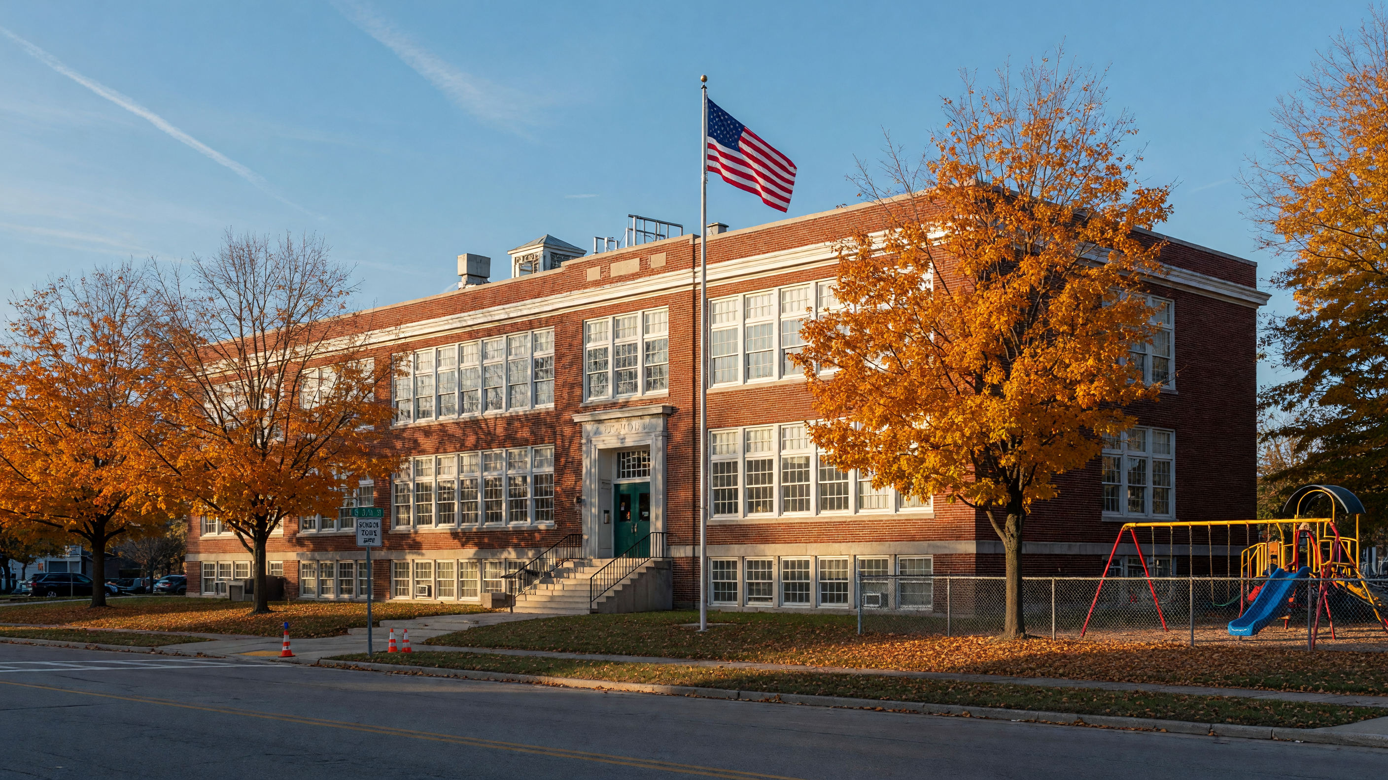 A well-maintained suburban school building in the Dayton Ohio area on a bright autumn morning