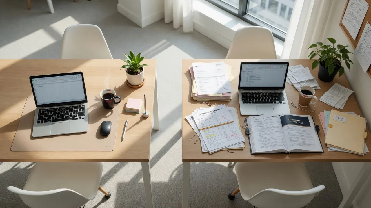 Two contrasting office desks side by side in a modern real estate office, one clean and streamlined and one cluttered with paperwork