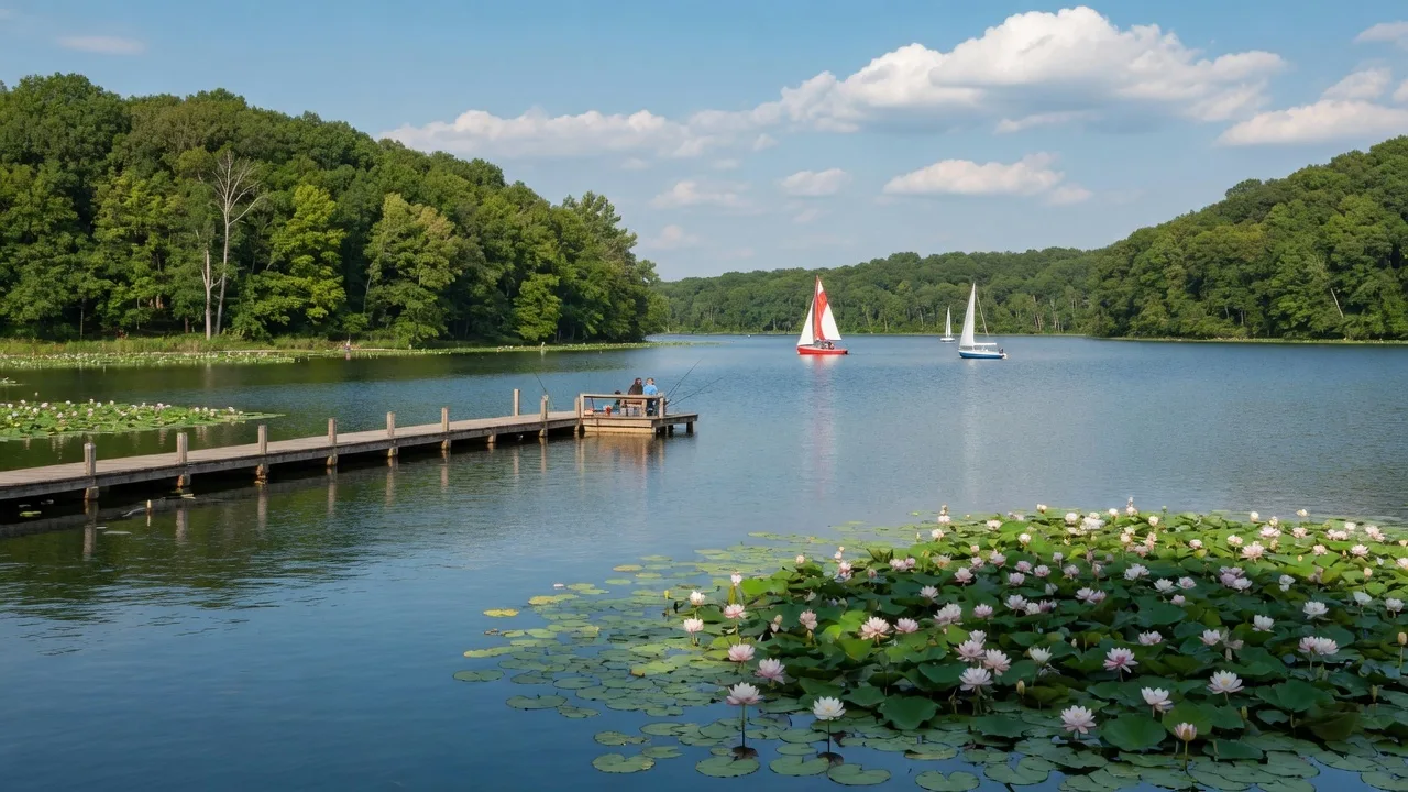 A scenic Ohio lake at Cowan Lake State Park near Wilmington with calm blue water, American lotus lilies blooming near the shore, and a wooden pier extending into the lake surrounded by dense green forest