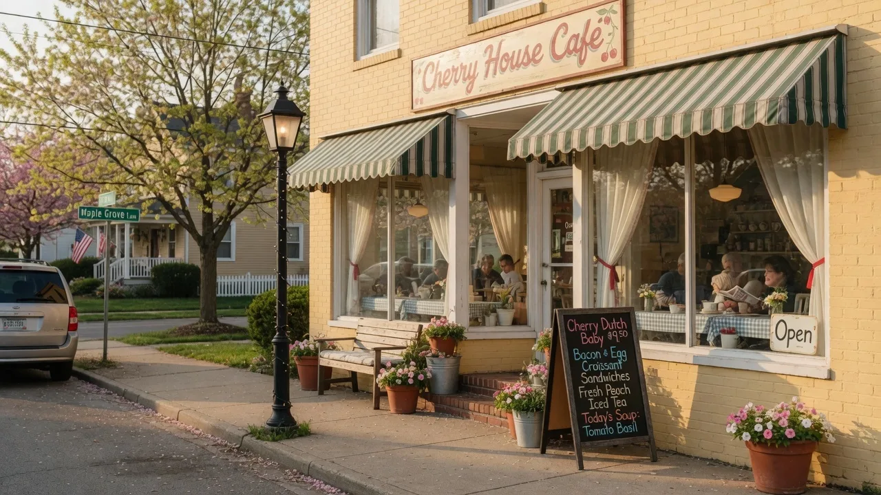 The charming exterior of Cherry House Cafe in Beavercreek Ohio with a welcoming storefront, potted plants, and a chalkboard sign outside on a sunny morning
